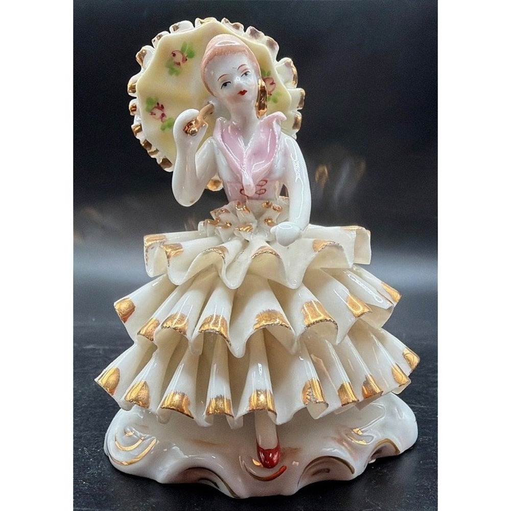 Vintage Japan Lace Porcelain Lady Figurine • Fine Ruffles • No Damage